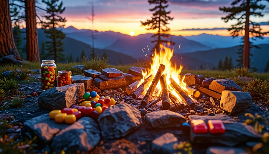 Campfire in the wilderness with freeze dried candies arranged for enjoyment.