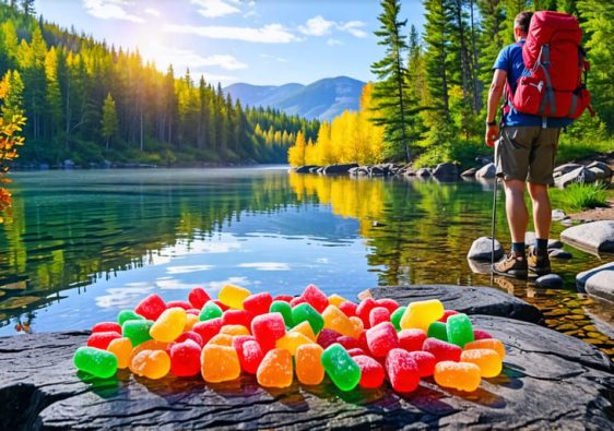 A hiker in Dryden, Ontario, enjoying colorful freeze dried candy amidst stunning natural landscapes, highlighting the blend of adventure and sweet indulgence.