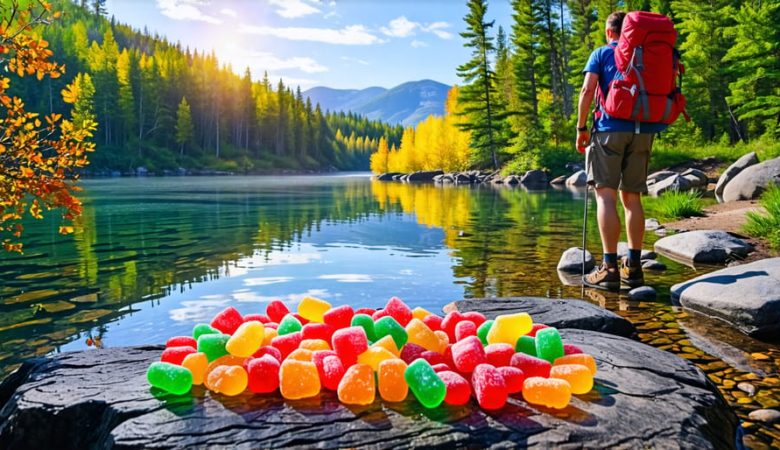 A hiker in Dryden, Ontario, enjoying colorful freeze dried candy amidst stunning natural landscapes, highlighting the blend of adventure and sweet indulgence.