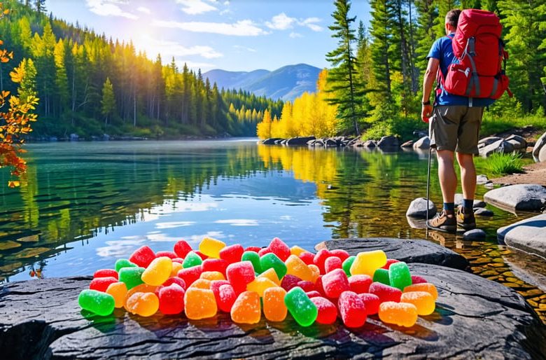 A hiker in Dryden, Ontario, enjoying colorful freeze dried candy amidst stunning natural landscapes, highlighting the blend of adventure and sweet indulgence.