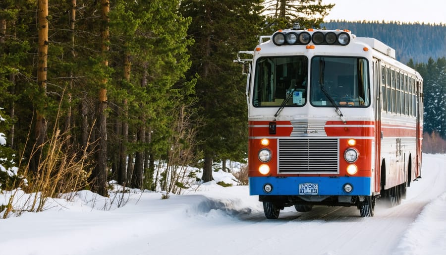 Person driving vehicle with winter forest landscape visible through windshield
