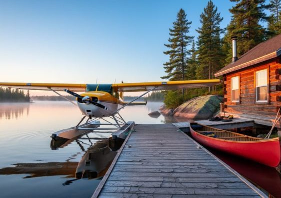 Floatplane tied to a weathered dock beside a rustic log cabin on a calm Northern Ontario lake at sunrise, with boreal pine forest, rocky Canadian Shield shoreline, a canoe, and fishing rods in the background.