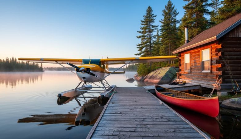 Floatplane tied to a weathered dock beside a rustic log cabin on a calm Northern Ontario lake at sunrise, with boreal pine forest, rocky Canadian Shield shoreline, a canoe, and fishing rods in the background.