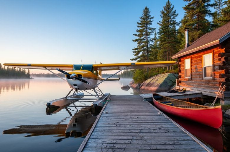Floatplane tied to a weathered dock beside a rustic log cabin on a calm Northern Ontario lake at sunrise, with boreal pine forest, rocky Canadian Shield shoreline, a canoe, and fishing rods in the background.