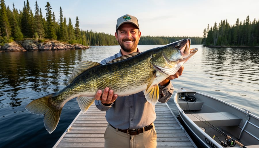 Angler displaying caught walleye fish at sunset on lake dock