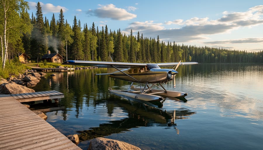 Aerial view of floatplane approaching remote lakeside cabin surrounded by boreal forest