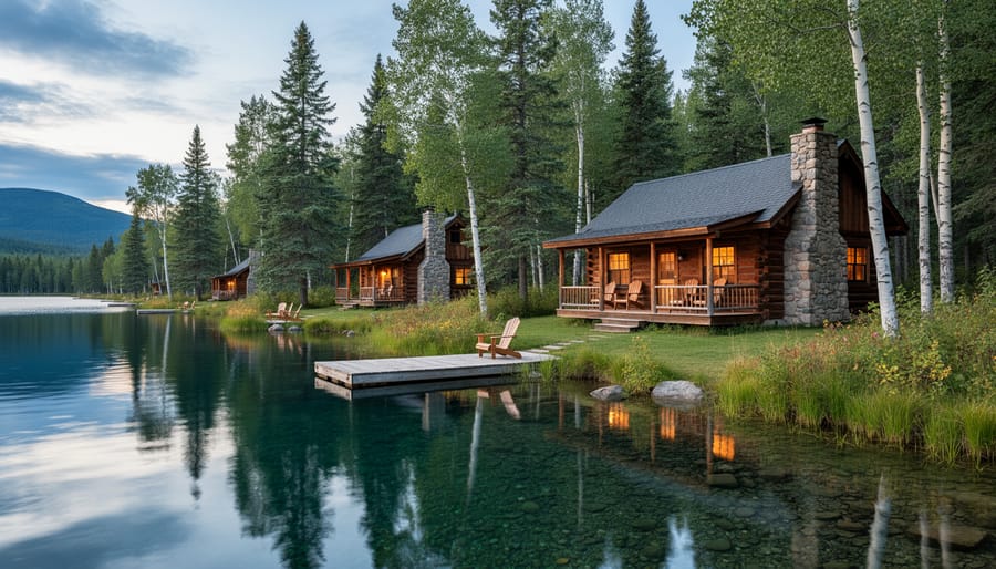 Rustic log cabin with glowing windows at twilight beside lake with canoe on shore