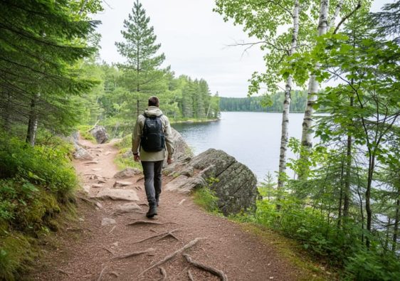 “A mixed boreal forest trail with rocky outcrops and a hiker from behind, with Van Horne Lake visible through trees near Dryden, Ontario.”