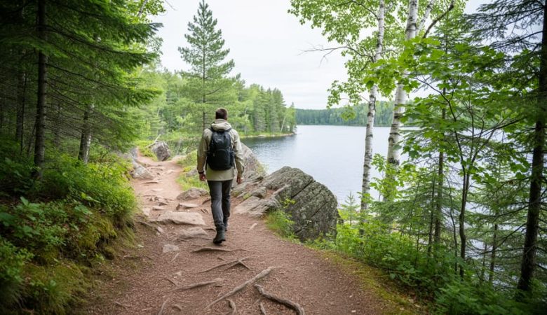 “A mixed boreal forest trail with rocky outcrops and a hiker from behind, with Van Horne Lake visible through trees near Dryden, Ontario.”