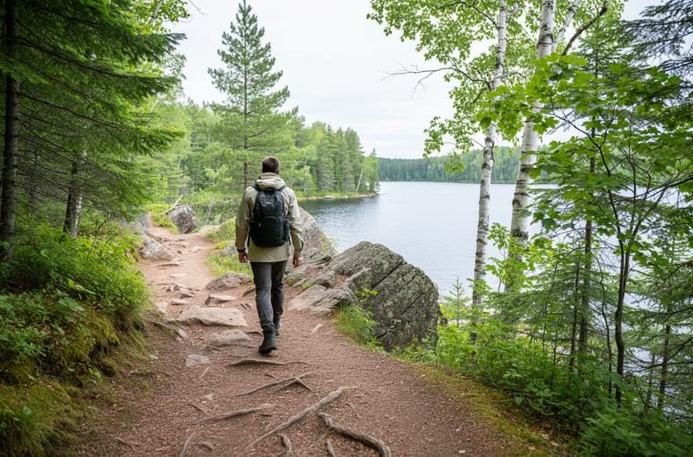 “A mixed boreal forest trail with rocky outcrops and a hiker from behind, with Van Horne Lake visible through trees near Dryden, Ontario.”