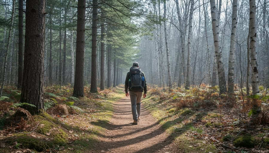 Hiker walking along a forest trail in Dryden Ontario with tall pine and birch trees along the route