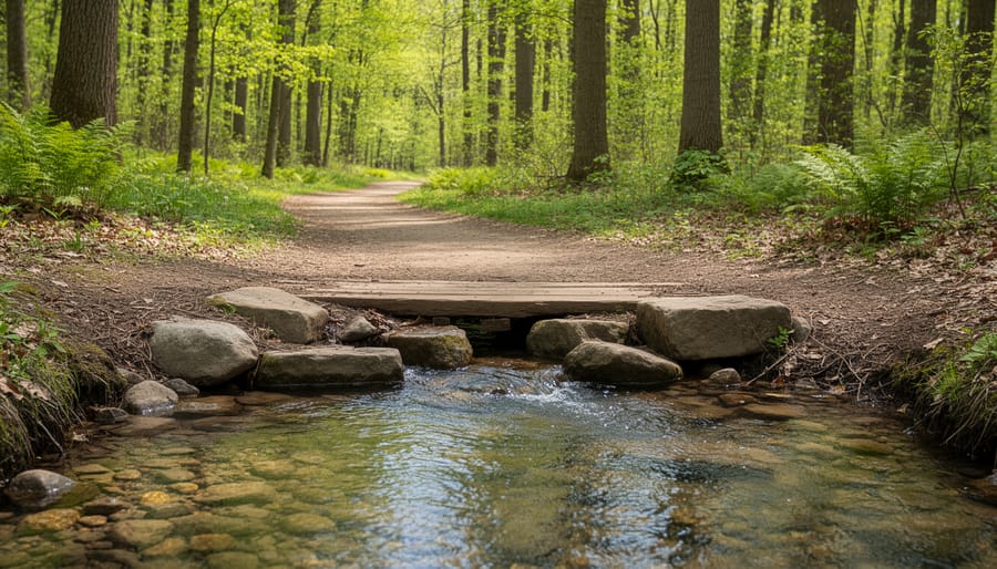 Wooden bridge over a shallow creek on a forest trail in Dryden Ontario