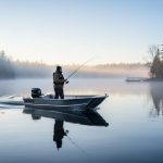 An angler in a small boat on a misty northern lake at dawn with boreal pine trees along the shoreline in the background.