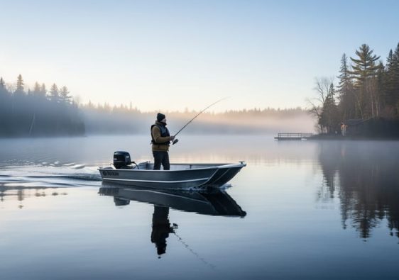 An angler in a small boat on a misty northern lake at dawn with boreal pine trees along the shoreline in the background.