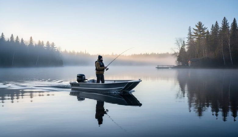 An angler in a small boat on a misty northern lake at dawn with boreal pine trees along the shoreline in the background.