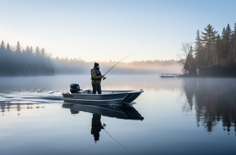An angler in a small boat on a misty northern lake at dawn with boreal pine trees along the shoreline in the background.