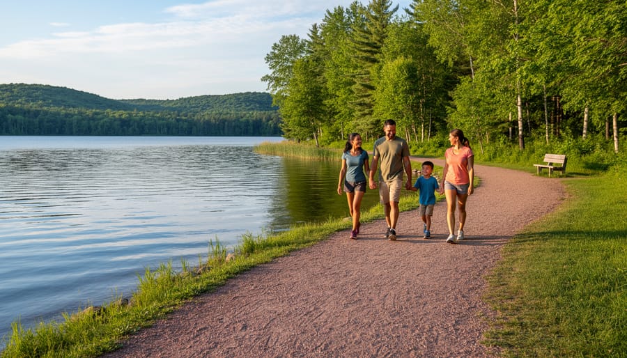 Family walking along a lakeside trail near Dryden with trees and calm water in the background