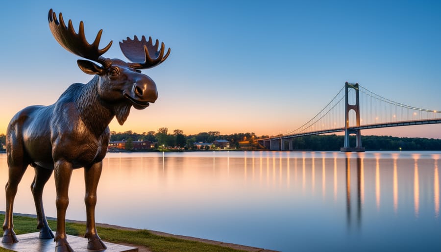 Max the Moose statue and a suspension bridge along Dryden’s waterfront at dusk