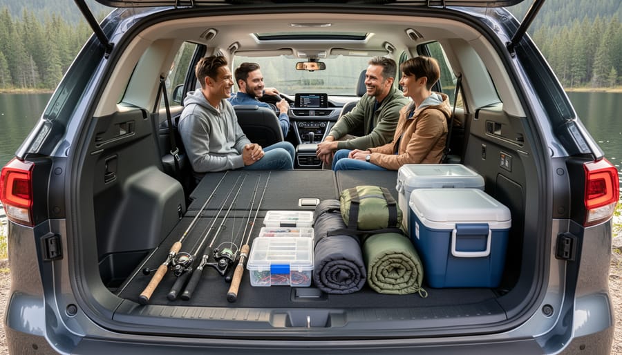 Interior of a used 4WD van with open doors and outdoor gear packed for a trip