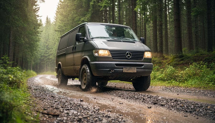 Used four-wheel drive van navigating muddy rutted gravel road