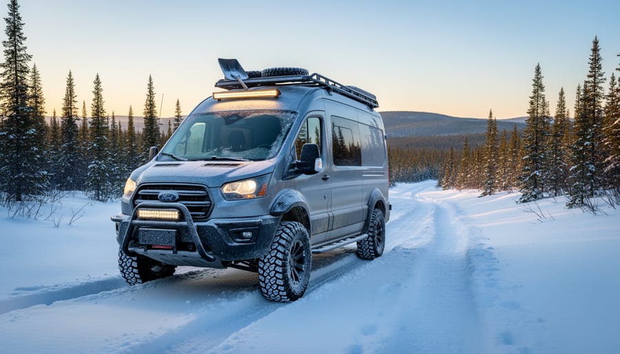 Used four-wheel drive van parked on snowy road near a pine forest in winter