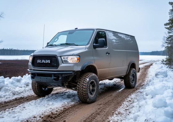 A four-wheel-drive cargo van parked on a muddy logging road with snowbanks near a frozen lake-access trail in Northwestern Ontario.
