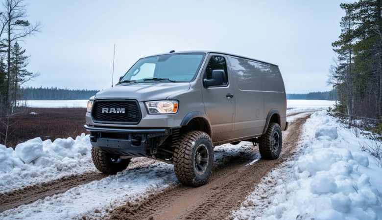 A four-wheel-drive cargo van parked on a muddy logging road with snowbanks near a frozen lake-access trail in Northwestern Ontario.