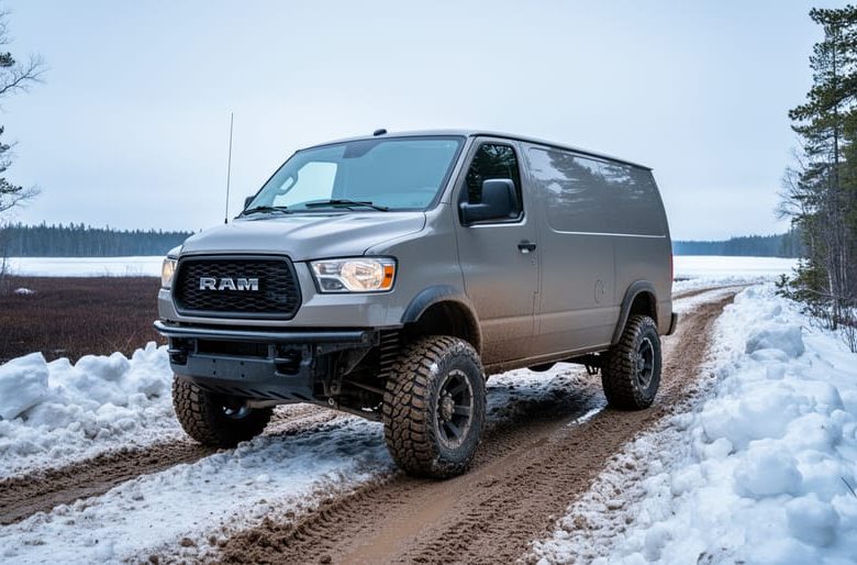 A four-wheel-drive cargo van parked on a muddy logging road with snowbanks near a frozen lake-access trail in Northwestern Ontario.