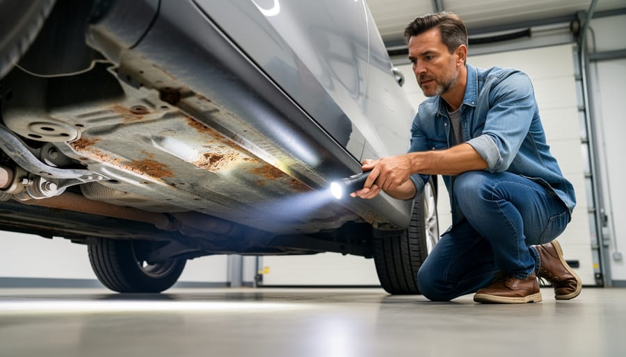 Mechanic inspecting rust and underbody integrity on a used van