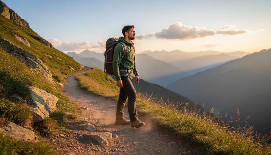 Outdoor enthusiast on a forest trail in Dryden holding trekking poles and pausing thoughtfully