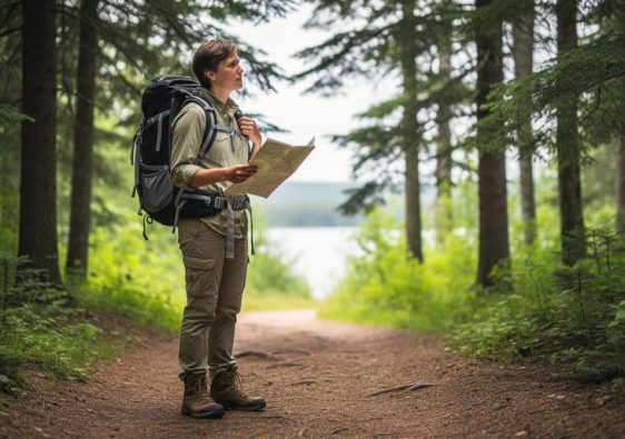 An outdoor enthusiast pausing on a forest trail near Dryden with trekking poles, holding a map while resting thoughtfully in a mindful moment.
