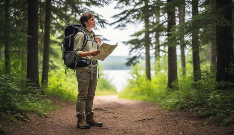 An outdoor enthusiast pausing on a forest trail near Dryden with trekking poles, holding a map while resting thoughtfully in a mindful moment.