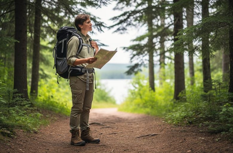 An outdoor enthusiast pausing on a forest trail near Dryden with trekking poles, holding a map while resting thoughtfully in a mindful moment.