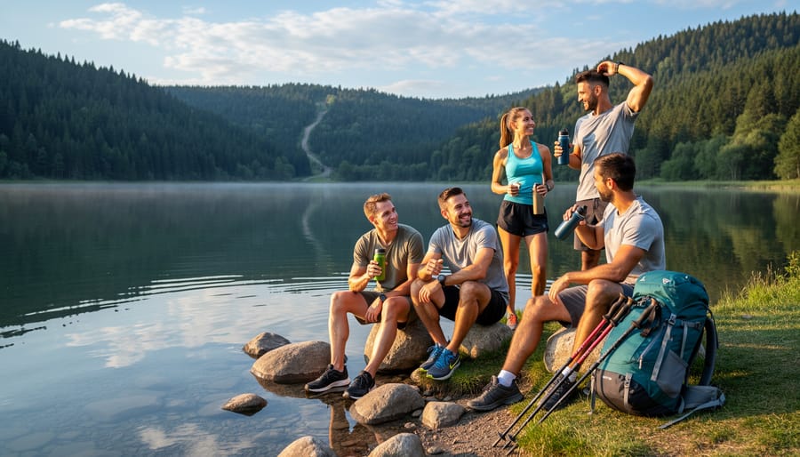 Friends relaxing by a fire pit at a lakeside during dusk with a smartphone resting on a lap