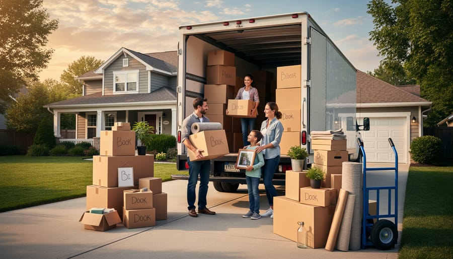 Family loading moving boxes into an open moving truck beside a gravel driveway in a northern setting