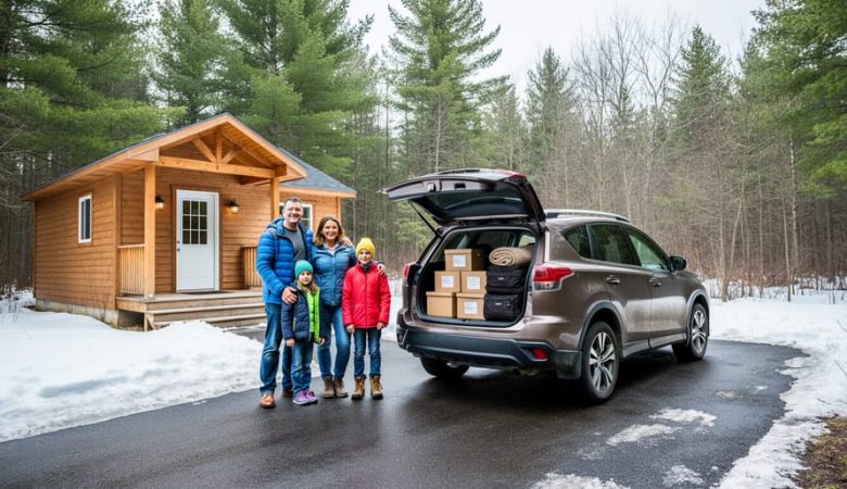 A family’s SUV and packed moving supplies near a home entrance with boreal forest in the background, representing relocation to Dryden, Ontario.