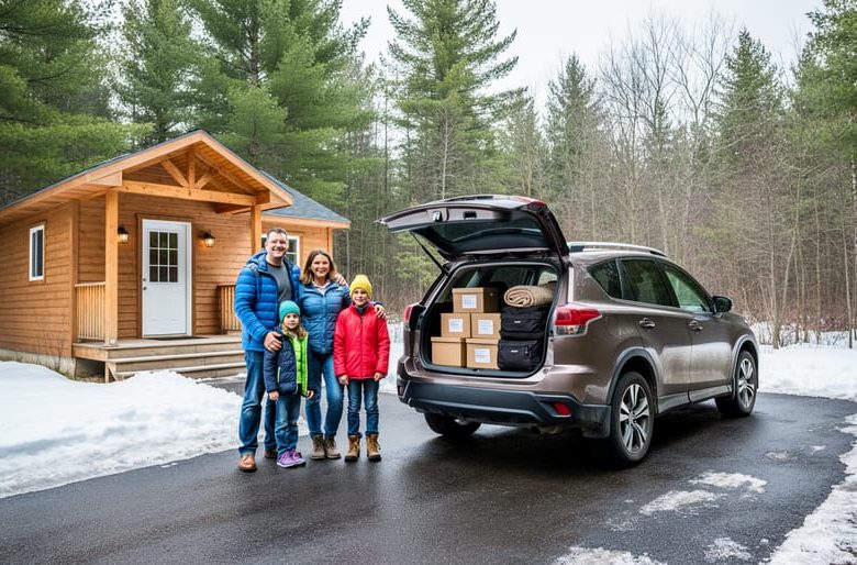 A family’s SUV and packed moving supplies near a home entrance with boreal forest in the background, representing relocation to Dryden, Ontario.
