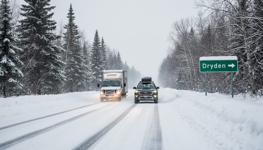 Car traveling on a snowy highway with tire tracks and a distant treeline in winter